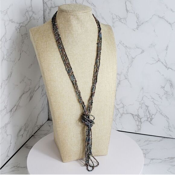 SET OF 4 Long Seed Bead Necklaces Blue Tan Pink - Picture 1 of 5